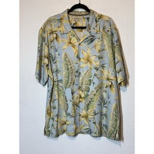 Tommy Bahama XL Blue Yellow Flowers Hawaiian‎ Short Sleeve Silk Shirt